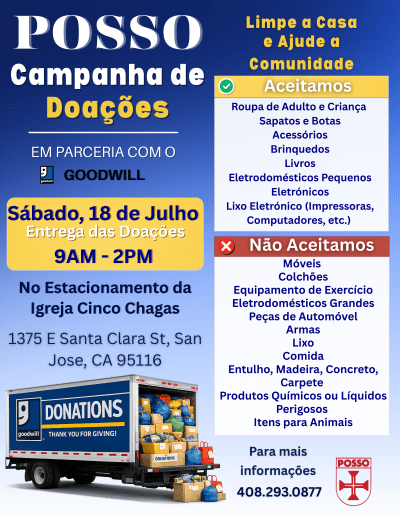 On Saturday, July 18, from 9:00 a.m. to 2:00 p.m. in the Five Wounds Church parking lot.  Accepting clothing, shoes, toys, books, small appliances, computers, and printers.  Not accepting furniture, mattresses, exercise equipment, large appliances, auto parts, firearms, garbage, wood, concrete, carp