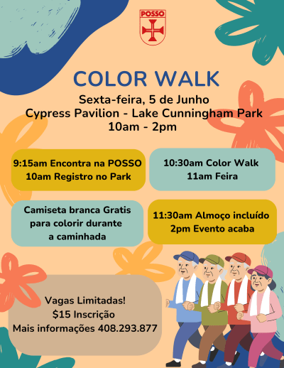 Walk the Color Walk with POSSO on Friday, June 5 at Lake Cunningham Park. Meet at POSSO at 9:15.  Walk starts at 10:30.  Lunch included at 11:30. The event ends at 2:00.  Limited spots so call to reserve (408) 293-0877.  $15 registration fee at the park.  White shirt included for colorful powder tha