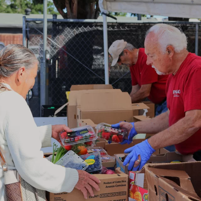 free groceries program volunteers providing a food box to a client